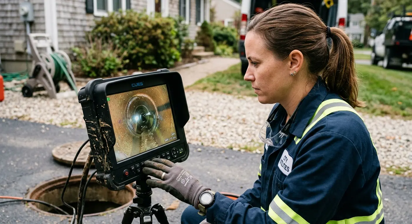 Technician reviewing sewer camera inspection footage in Midland