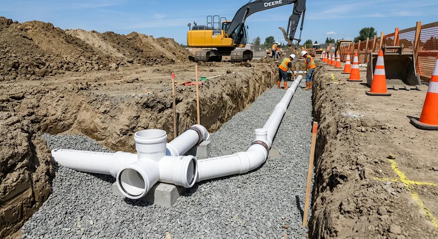 New PVC sewer pipe installation in open trench for Commercial Drain Cleaning in Midland