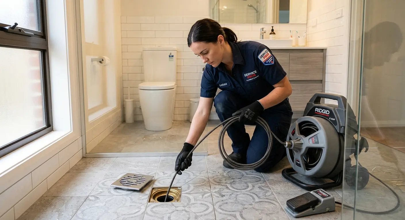 Technician clearing a bathroom floor drain for Hydro Jetting in Midland